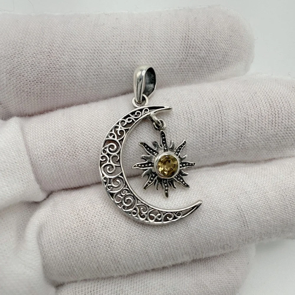 Genuine Citrine .925 Sterling Silver Moon Pendant - Picture 2 of 10